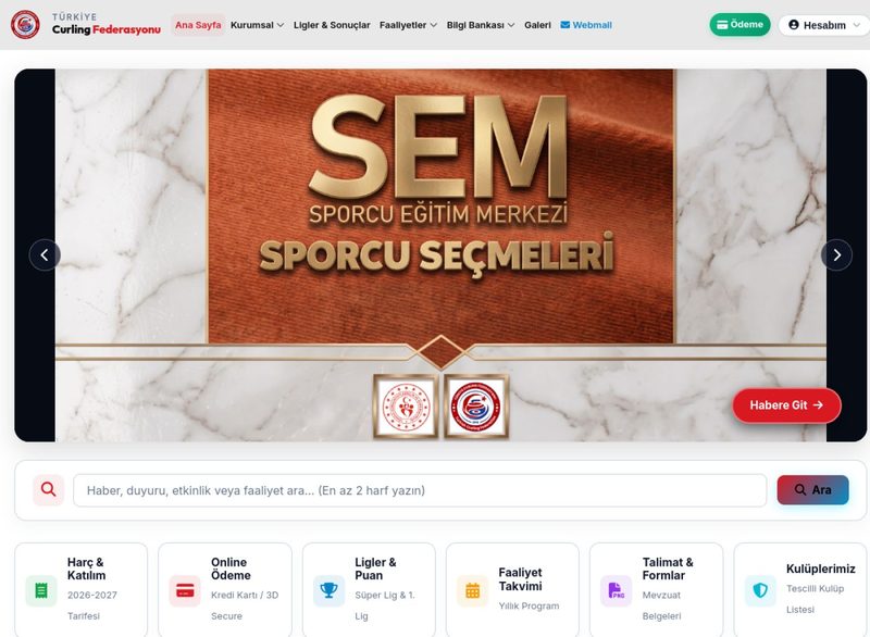 Türkiye Curling Federasyonu kurumsal sitesinin kapak görüntüsü