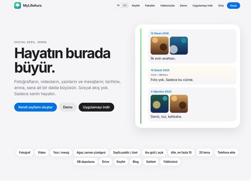 MyLifeAura ana sayfasının kapak görüntüsü, hayatın burada büyür